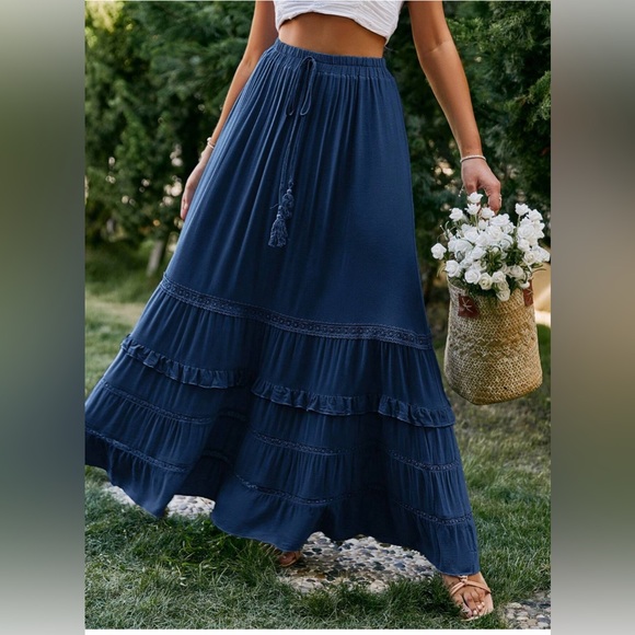 Navy Blue Boho Tiered Maxi Skirt with Tiered Layers - Picture 4 of 9